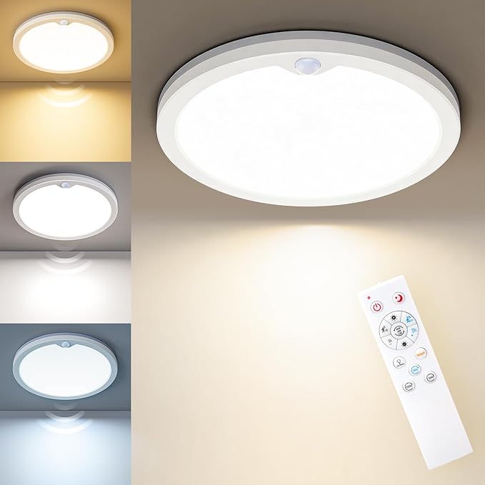 Annaror Motion Sensor Ceiling Light with Remote, Night Light 2000K, 8.7 Inch Wired Flush Mount 3000K/4000K/5000K Selectable, 1800LM Dimmable Motion Sensor Light Indoor for Closet Hallway Stairs White