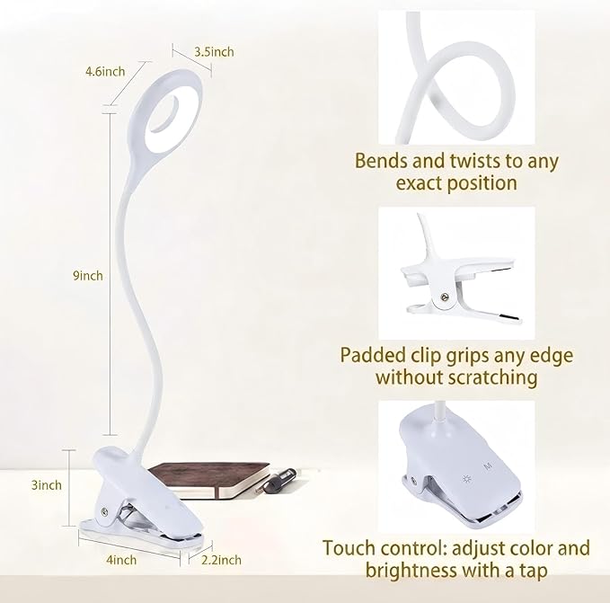 Reading Light, 28 LEDs Rechargeable Clip on Lamp, 3 Color x 3 Brightness Clip On Light for Bed Headboard with Safety Switch, Eye Protection Book Light for Reading in Bed, Touch Control Table Desk Lamp