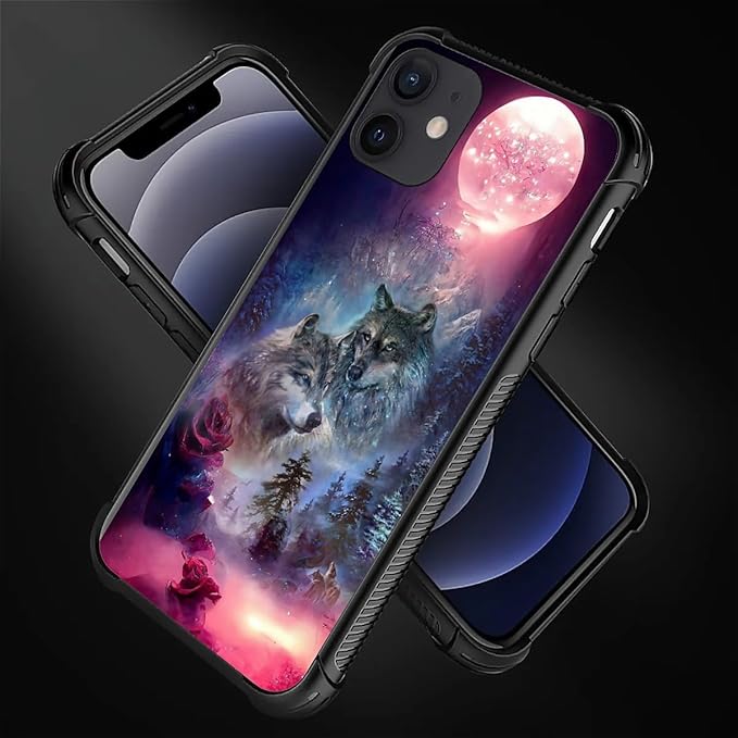 for iPhone 11 Case, Star Two Wolfs Howling Pattern Graphic Design Girl Boy Soft Silicone Hard Acrylic Shock Protection for iPhone 11