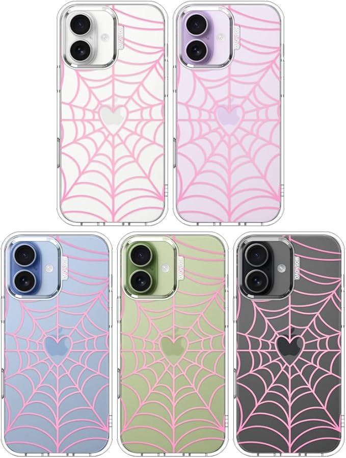 MOSNOVO for iPhone 17 Case, Shockproof Military-Grade Protection 6.6ft Drop Tested, Camera Control, Clear Phone Case for iPhone 17, Pink Spiderweb Design
