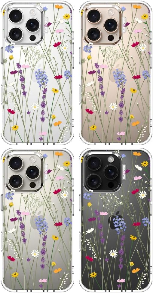 MOSNOVO Case for iPhone 16 Pro, [Buffertech 6.6ft Military-Grade Drop Protection] [Anti Peel Off Tech] Clear TPU Bumper Phone Case Cover Design - Floral Garden