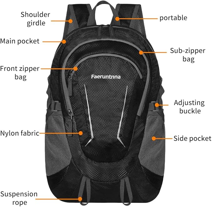 30L Large capacity Lightweight Packable Foldable Backpack，women and men Hiking backpack，Outdoors Travel Backpack (Black)