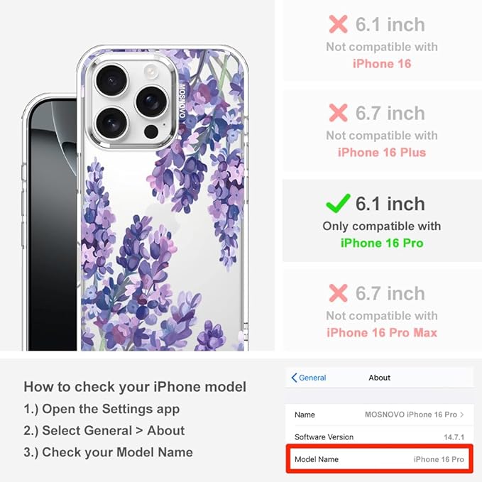 MOSNOVO Case for iPhone 16 Pro, [Buffertech 6.6ft Military-Grade Drop Protection] [Anti Peel Off Tech] Clear TPU Bumper Phone Case Cover Design - Lavender