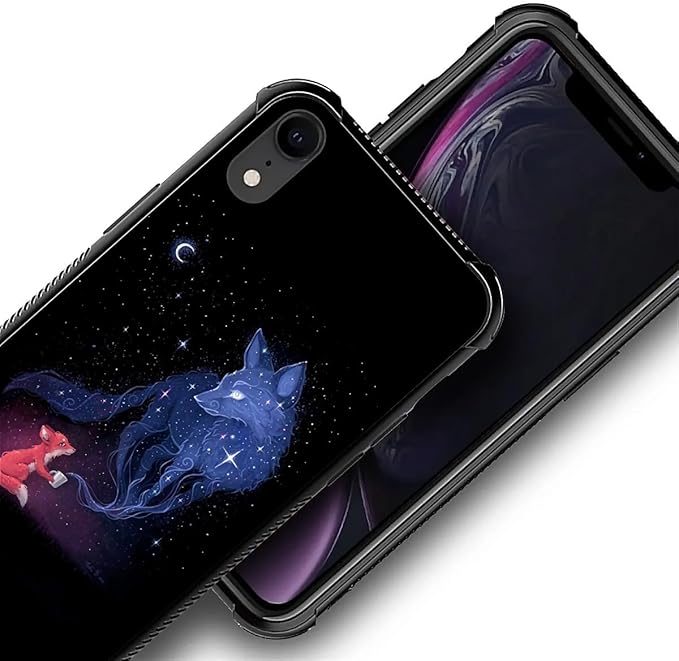 for iPhone XR Case, Galaxy Fox Wolf Pattern Graphic Design Girl Boy Soft Silicone Hard Acrylic Shock Protection for iPhone XR