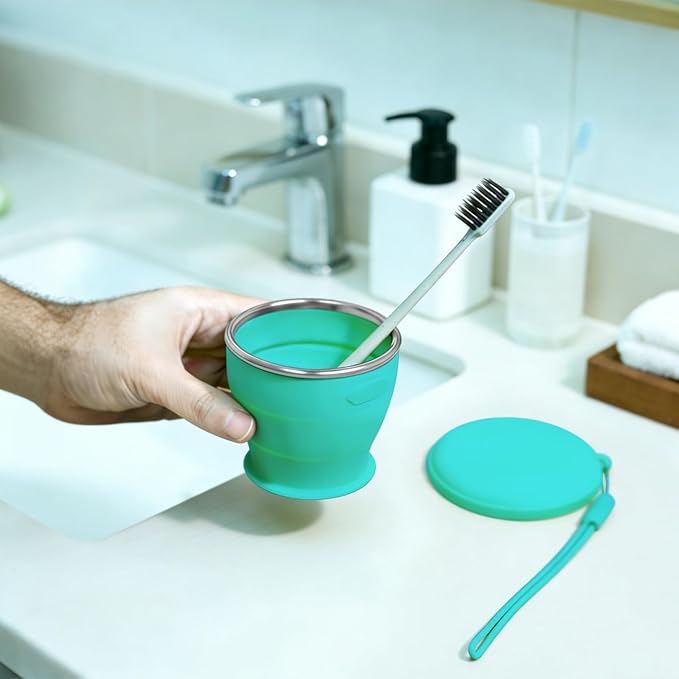 Collapsible Travel Cup, BPA-Free Reusable Water Cup, Lightweight Drinking Cups with Lids and Carrying Strap, Dishwasher Safe Silicone Cups for Camping, Travel, Airports, Hotel (Turquoise)