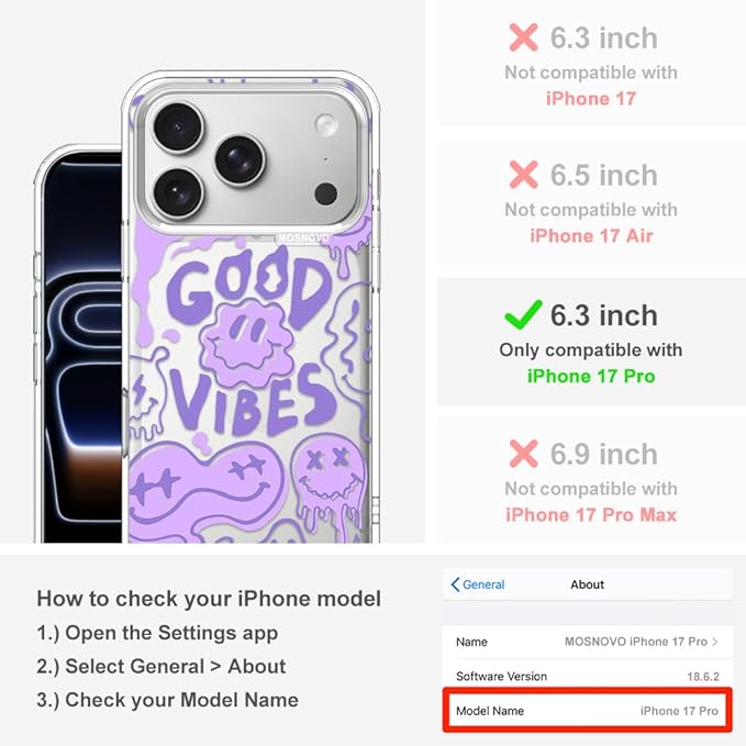 MOSNOVO for iPhone 17 Pro Case | Military Grade 6.6ft Drop Tested | Camera Control | Clear with Good Vibes Design