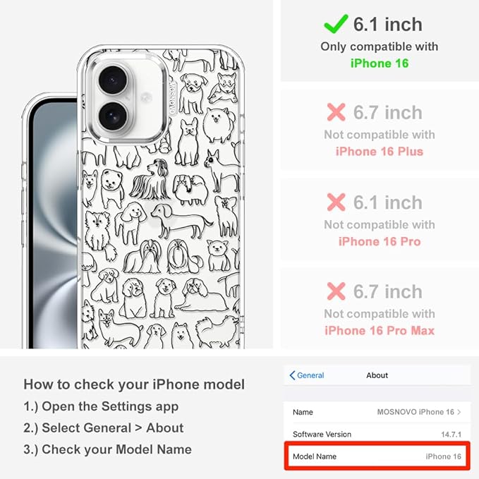 MOSNOVO Case for iPhone 16, [Buffertech 6.6ft Military-Grade Drop Protection] [Anti Peel Off Tech] Clear TPU Bumper Phone Case Cover Design - Doodle Dog
