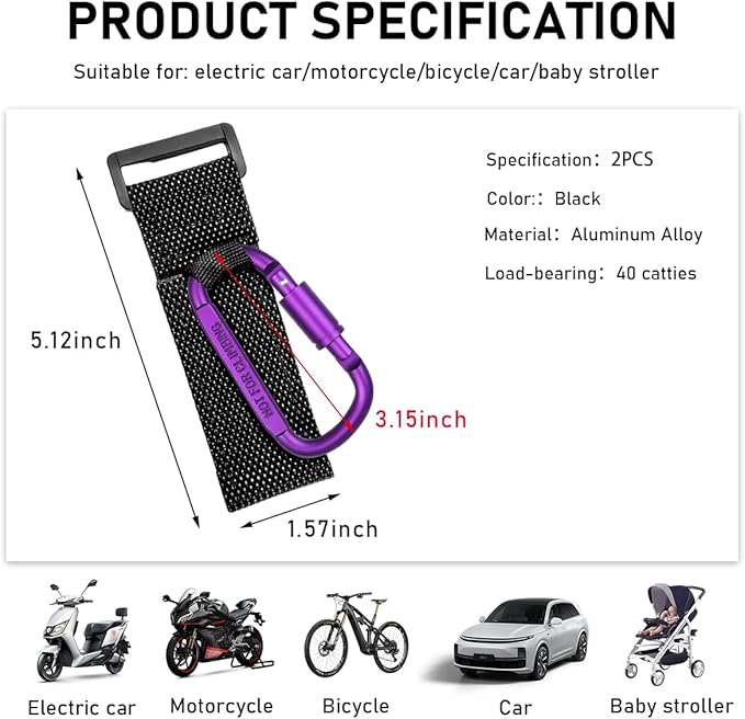 KVAEY 2 Pack Multipurpose Hook for Hanging Helmet, Goggle, Headsets, Durable Carabiners, Roll Bar Accessory Hook Hanger (Purple)