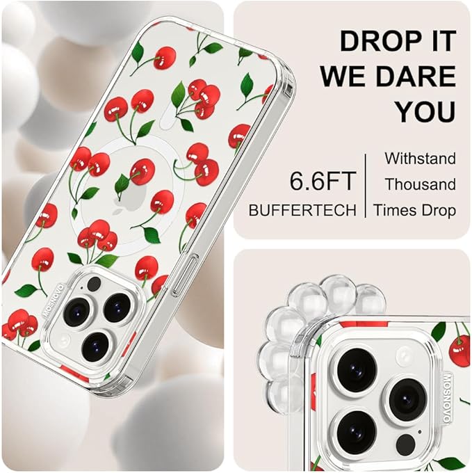 MOSNOVO Case for iPhone 15 Pro Max, [Buffertech 6.6ft Military-Grade Drop Protection] [Anti Peel Off Tech] Clear TPU Bumper Phone Case Cover Design - Cute Cherry