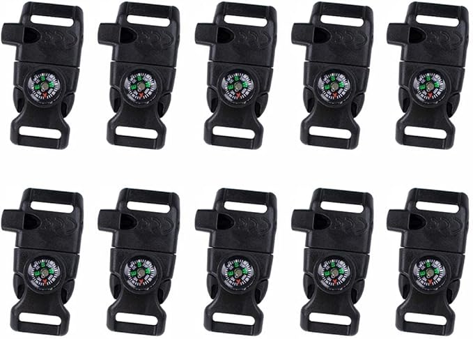 10 PCS Emergency Whistle Buckle come with Compass & Fire Starter & Flint Scraper for Outdoor Camping Paracord Bracelet (black)