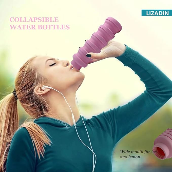 Collapsible water bottles 2 Pack with brush,BPA Free Travel Silicone Water Bottle with Carabiner,Reusable Foldable Portable Lightweight Sports bottles for Gym Camping Hiking (Camo pink+blue)