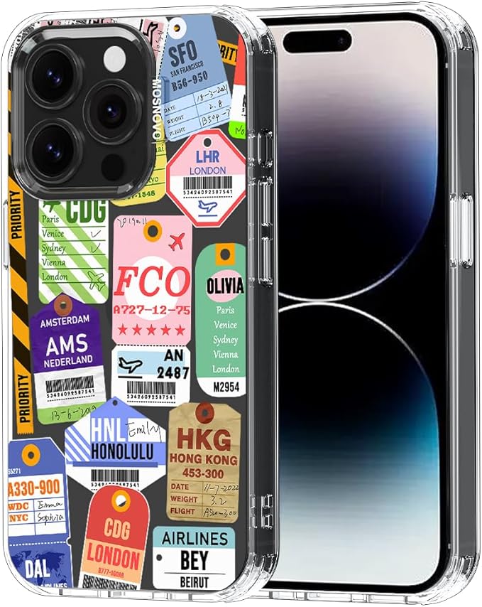 MOSNOVO Case for iPhone 14 Pro, [Buffertech 6.6ft Military-Grade Drop Protection] [Anti Peel Off Tech] Clear TPU Bumper Phone Case Cover Design - Air Ticket Labels