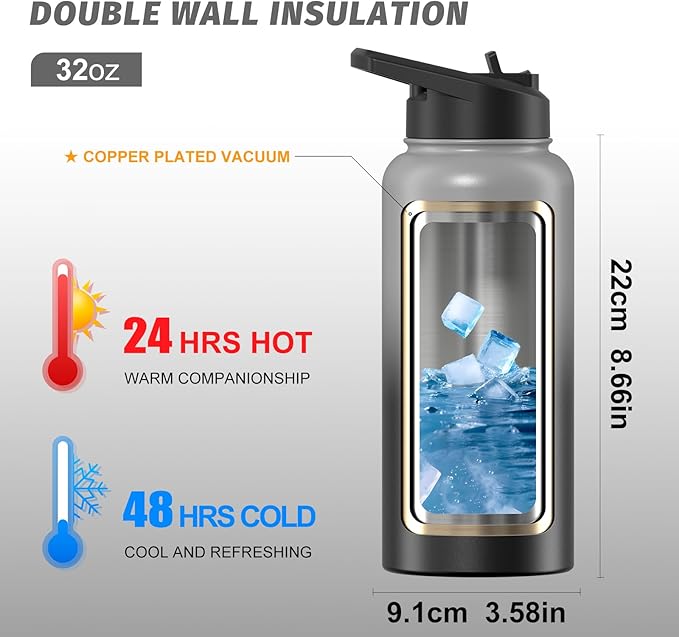 32oz Insulated Water Bottle (Cold for 48 Hrs),BPA Free&Leak Proof,Stainless Steel Water Flask,Water Jug with Straw Spout Lids for Gym,Hiking,Travel,Grey Black