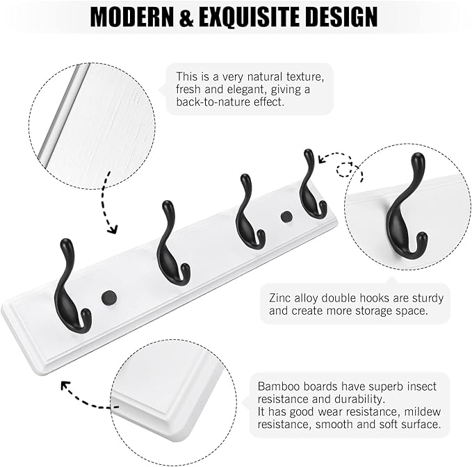 Badiano Wooden Coat Rack, Wall-Mounted Organizer for Closet, Entryway, Hallway, Foyer, Bedroom, Heavy Duty Double Hooks for Hanging Towels, Bags, Hats, Jackets, Key (WhiteBlack, 4 Hooks)