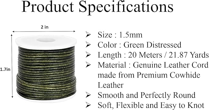 GENIQUE Real/Genuine Round Leather String Cord for Necklace, Bracelets, Jewelry, Kumihimo Braiding, DIY Projects (20 Metres) (1.5mm, Green Distressed)