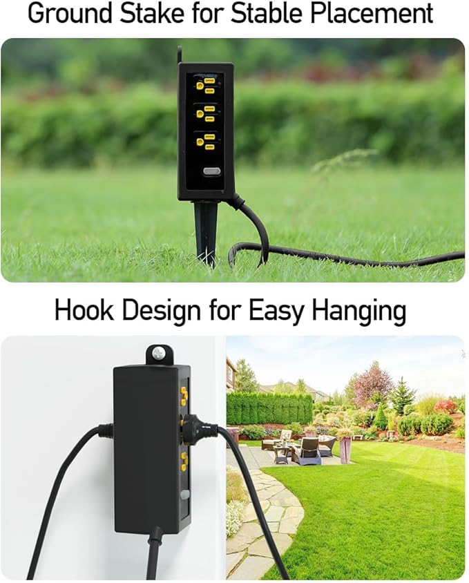 Outdoor Power Strip Weatherproof, ZZJ IP69 Grade Waterproof Surge Protector, 25 FT Outdoor Extension Cord with Stake, 6 AC Outlets,14 AWG Heavy Duty Cord for Outdoor Patio Garden-Black