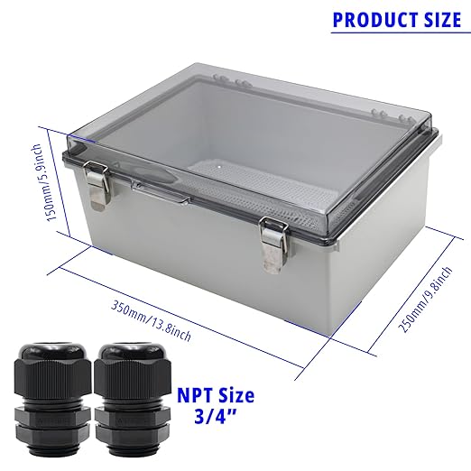 MAKERELE Outdoor Junction Box ABS Plastic Waterproof Universal Electrical Project Box Grey Enclosure with Transparent Cover 13.8×9.8×5.9inch（350×250×150mm）