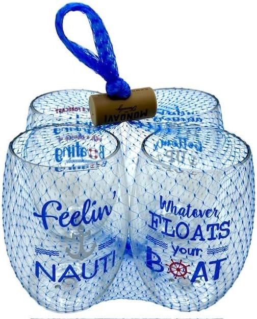 Set of 4 Shatterproof Designer 16 oz Plastic Wine Glasses MADE in the USA (BOAT LIFE)