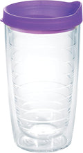 Tervis Clear & Colorful Lidded Made in USA Double Walled Insulated Tumbler Travel Cup Keeps Drinks Cold & Hot, 16oz, Purple Lid