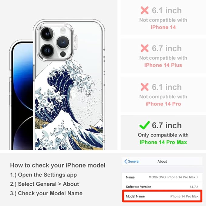MOSNOVO Case for iPhone 14 Pro Max, [Buffertech 6.6ft Military-Grade Drop Protection] [Anti Peel Off Tech] Clear TPU Bumper Phone Case Cover Design - Great Wave