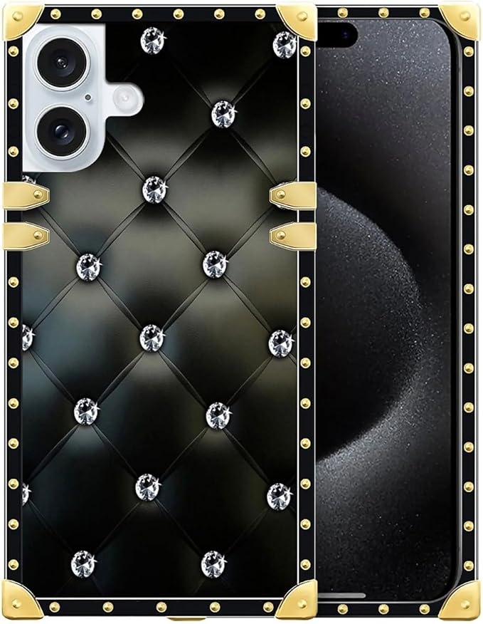 Compatible with iPhone 16 Case, Shiny Black Sofa Crystal Luxury Golden Decoration for Girl Women Soft TPU Shockproof Protective Hard PC Back