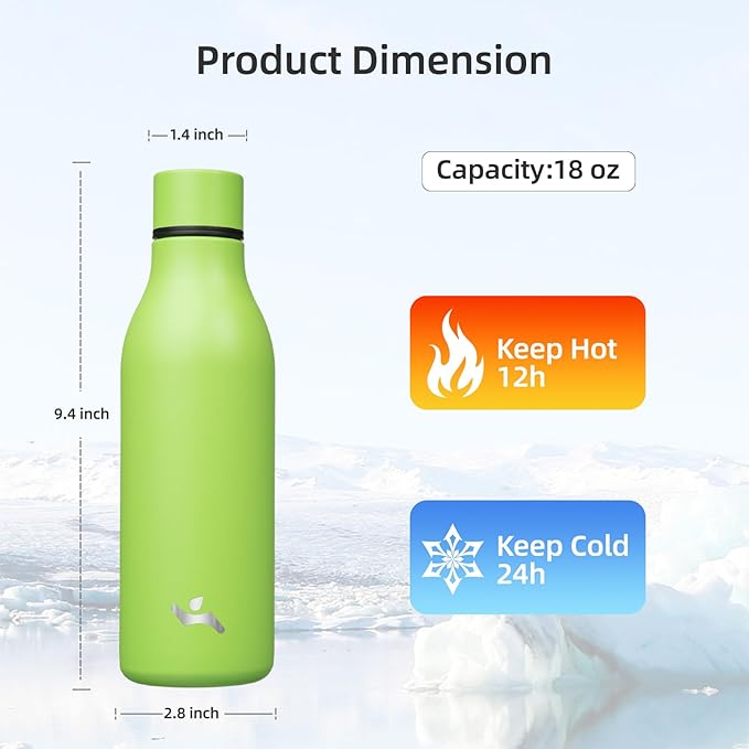 Konokyo Insulated Water Bottle with Strap,18 oz Double Wall Stainless Steel Vacuum Bottles Metal Water Flask,Green