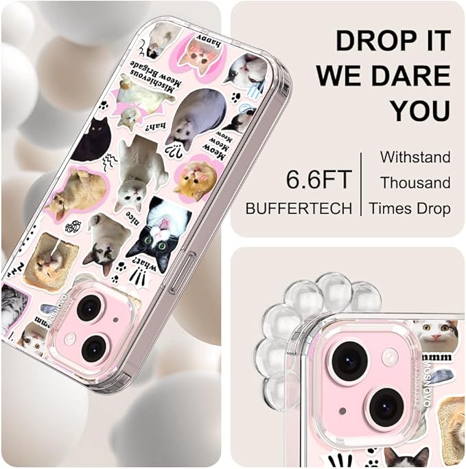 MOSNOVO Case for iPhone 15, [Buffertech 6.6ft Military-Grade Drop Protection] [Anti Peel Off Tech] Clear TPU Bumper Phone Case Cover Design - The Cat Brigade