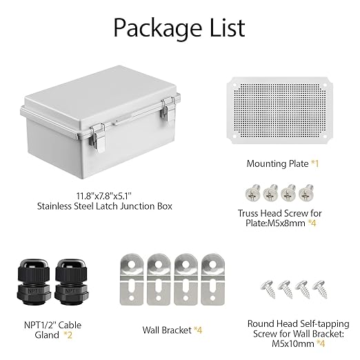LeMotech Electrical Box, IP67 Waterproof Hinged Cover Stainless Steel Latch Junction Box, ABS Plastic Electrical Enclosure with Mounting Plate,Wall Brackets, Cable Glands,11.8"x7.7"x5.2",Grey