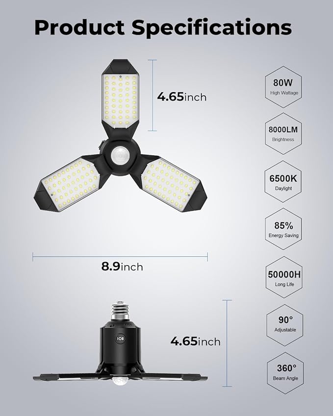 toberich Motion Sensor Garage Lights 2 Pack, 8000LM Motion Sensor Shop Light w/ 3 Switch Modes, 6500K Indoor Motion Activated Light Bulb for Garage, Workshop, Laundry Room, Basement