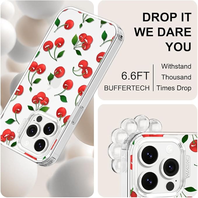 MOSNOVO Case for iPhone 13 Pro, [Buffertech 6.6ft Military-Grade Drop Protection] [Anti Peel Off Tech] Clear TPU Bumper Phone Case Cover Design - Cute Cherry