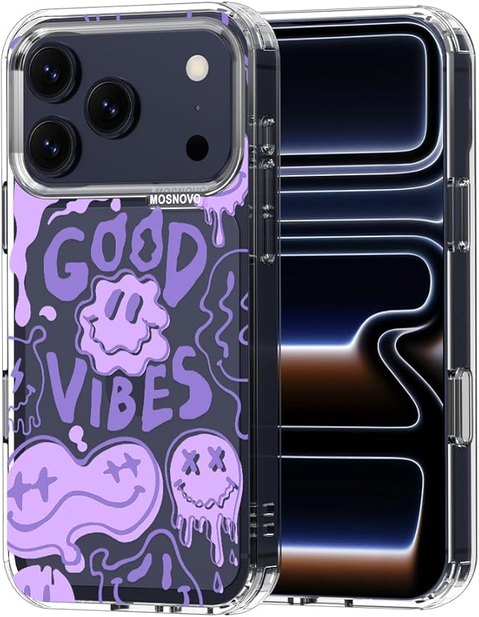 MOSNOVO for iPhone 17 Pro Case | Military Grade 6.6ft Drop Tested | Camera Control | Clear with Good Vibes Design