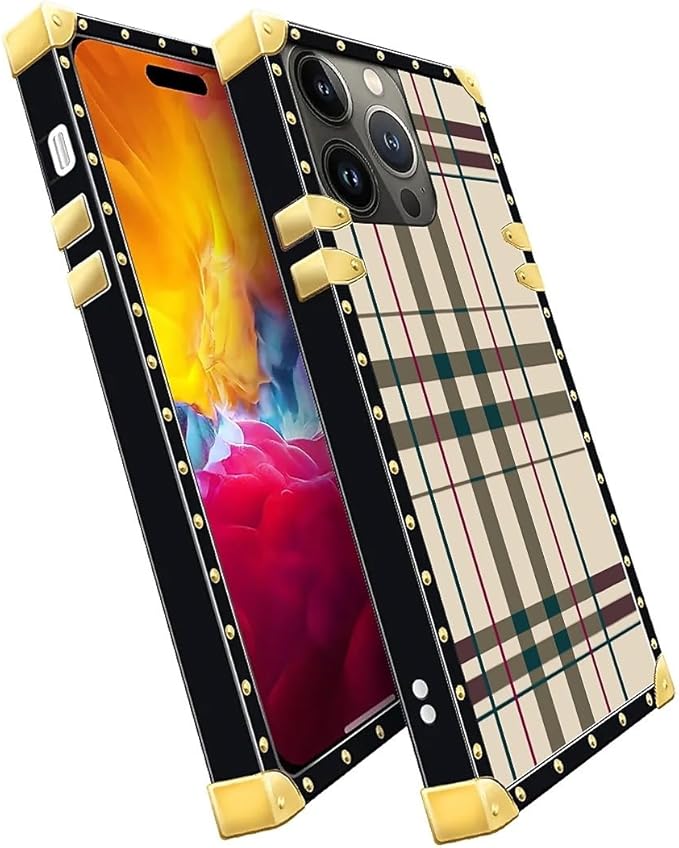Compatible with iPhone 15 Pro Max Case, Black Red Beige Stripes Luxury Golden Decoration for Girl Women Soft TPU Shockproof Protective Hard PC Back for iPhone 15 Pro Max