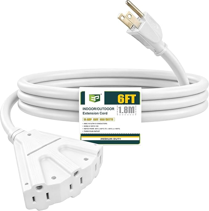 EP 6 Ft Outdoor Extension Cord with 3 Electrical Power Outlets - 16/3 SJTW White Cable with 3 Prong Grounded Plug for Safety Great for Christmas Lights, Garden and Major Appliances
