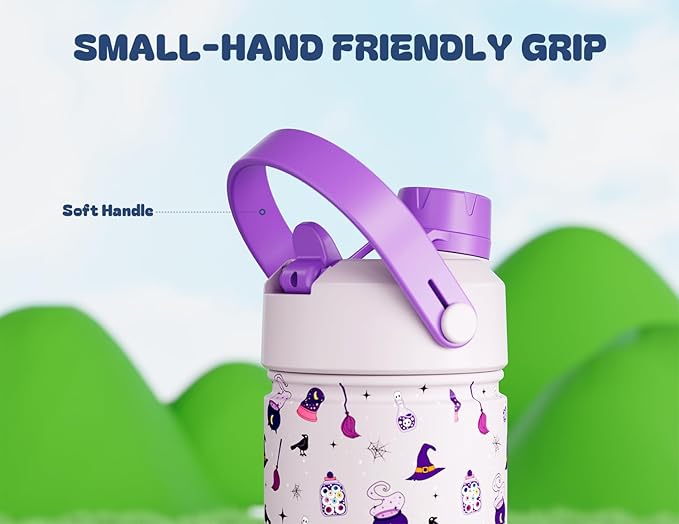 12 oz Kids Insulated Water Bottle: 2-in-1 Straw Spout Lid, Leakproof, BPA-Free, Keep Cold 24H, Fits Car Cupholder, Stainless Steel Cup for School, Holiday, Gift for Girls Daughters (Witching Hour)