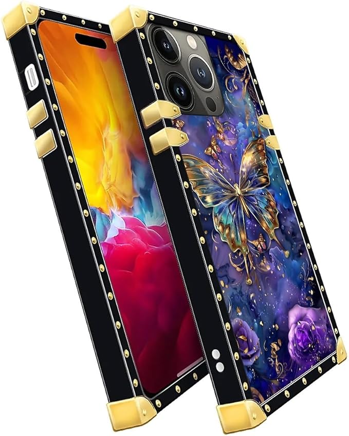Compatible with iPhone 15 Pro Max Case, Glistening Golden Butterfly Vibrant Purple Blue Luxury Golden Decoration for Girl Women Soft TPU Shockproof Protective Hard PC Back
