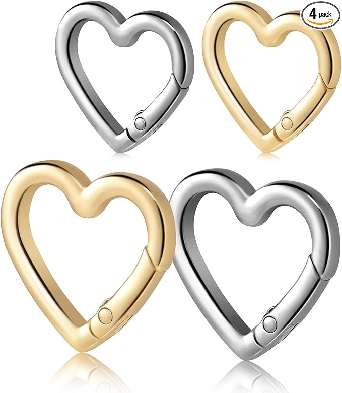 4pcs Heart Carabiner Keychain Clip, Metal Spring Heart Rings Hook Key Ring Carabiner Clips for Purse Bag Charms Backpack Strap Dog Tags Hang Water Bottle Paracord Keychain Lanyard(Silver Gold)