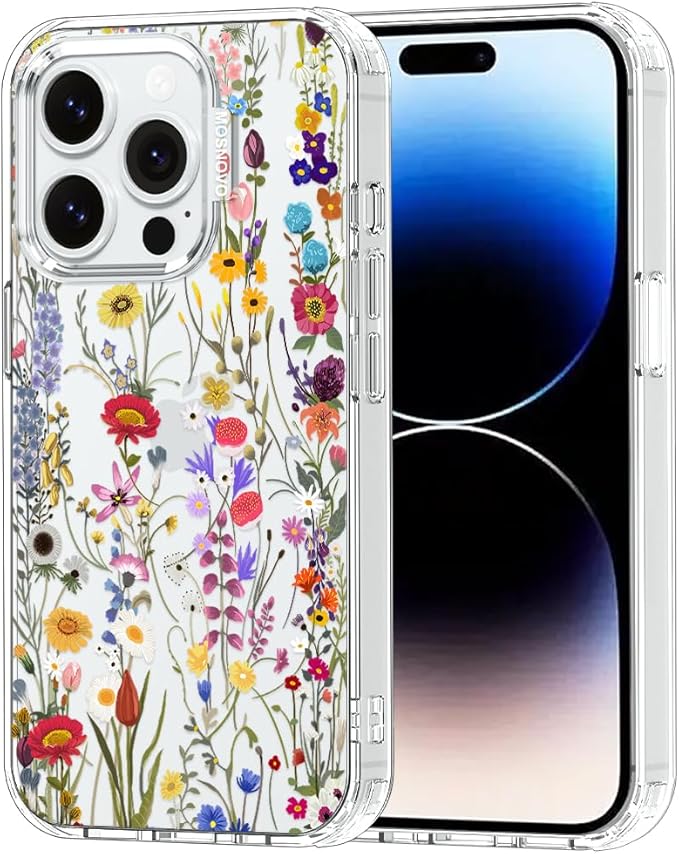 MOSNOVO Case for iPhone 14 Pro, [Buffertech 6.6ft Military-Grade Drop Protection] [Anti Peel Off Tech] Clear TPU Bumper Phone Case Cover Design - Wildflower Meadow
