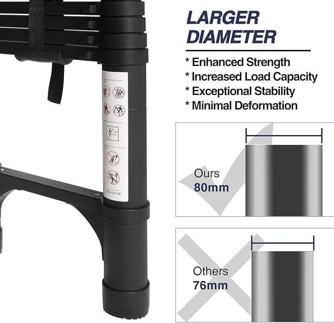 BOCOM 14.5 FT Aluminum Telescoping Ladder with Hooks, Lightweight Multi-Purpose Collapsible Extension with 2 Triangle Stabilizers, Heavy Duty 330 lbs Max Capacity for Home, RV, and Outdoor Work Black
