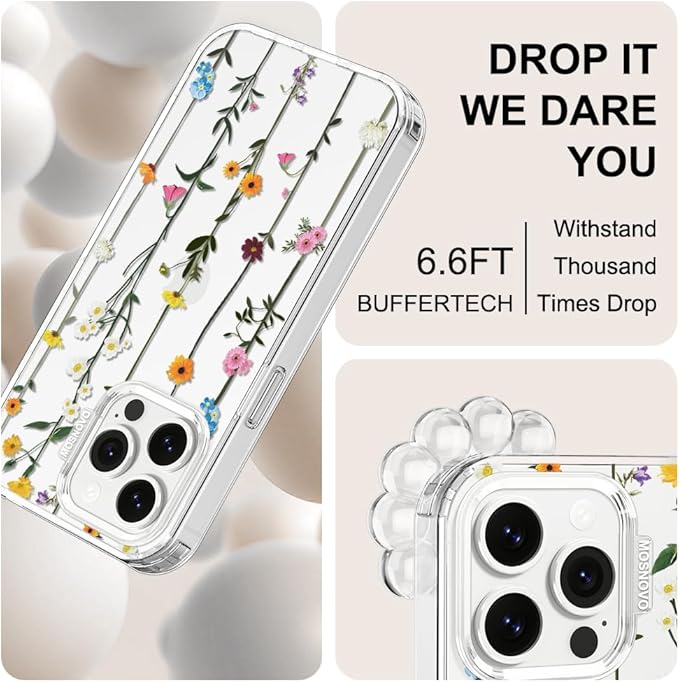 MOSNOVO Case for iPhone 13 Pro, [Buffertech 6.6ft Military-Grade Drop Protection] [Anti Peel Off Tech] Clear TPU Bumper Phone Case Cover Design - Wildflowers