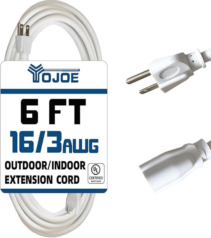 YOJOE Indoor Outdoor Extension Cord, 3 Prong 13A Weatherproof Power Cord, 16 Gauge Heavy Duty 6 ft White Extension Cord for Garage, Garden and Home, 16/3 SJTW UL Listed