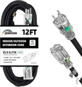 Indoor Outdoor Extension Cord Weatherproof with Lighted End, UL Certified, 10 Gauge 12FT Black 3 Prong Heavy Duty, 10/3 SJTW 15A Power Cord for Outdoor Lights, Lawn