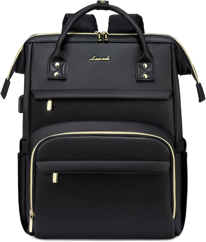 LOVEVOOK Leather Laptop Backpack for Women 15.6 inch,Travel Purse Nurse Teacher Computer Bag,Professional College Business Work Bags Carry On with USB Port,Black