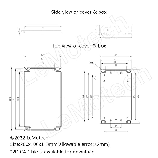 LeMotech Project Box ABS Plastic Junction Box IP65 Waterproof Hobby Box Electrical Boxes Universal Enclosure for Electronic Black 7.7X 4.6X 4.3 inch(200x120x113mm)（Pack of 1