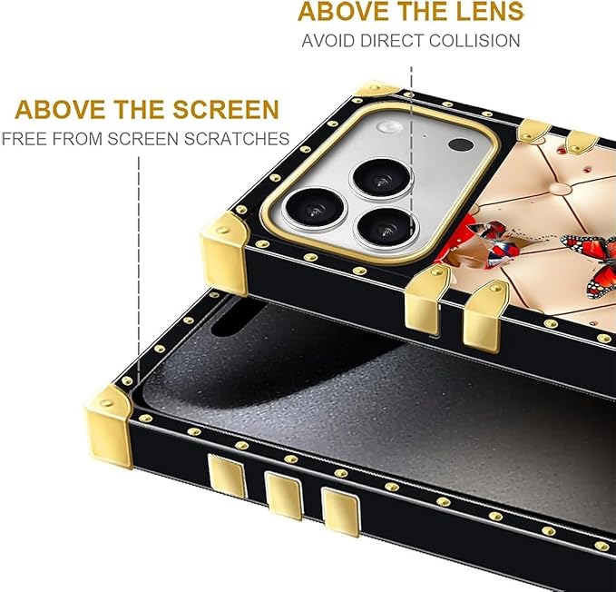 for iPhone 17 Pro Case Luxury Golden Decoration for Girl Women Soft TPU Shockproof Protective Hard PC Back for iPhone 17 Pro Crazy Pattern Shining Red Rose Butterfly Leather Background