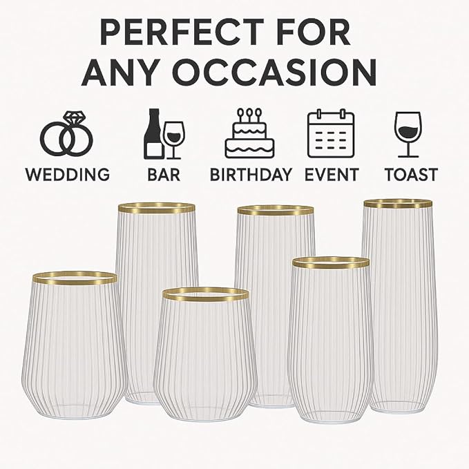 Oojami 48 Pack Ribbed Origami Ripple Plastic Glasses, 24 9 Ounce Stemless Champagne Flutes & 24 12 Ounce Cups, BPA-Free Disposable Shatterproof Toasting Glasses for Weddings Bars Events (Gold Rim)