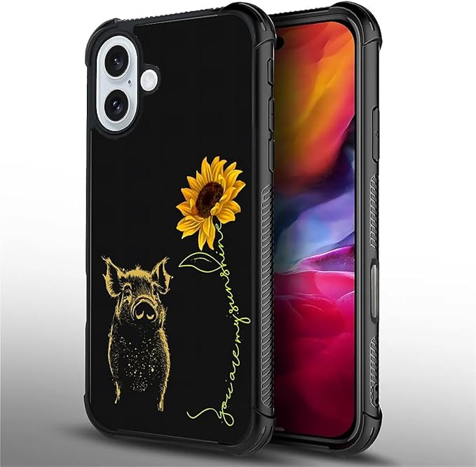 for iPhone 16 Plus Case, Pig Sunflower Yellow Sunshine Pattern Graphic Design Girl Boy Soft Silicone Hard Acrylic Shock Protection for iPhone 16 Plus