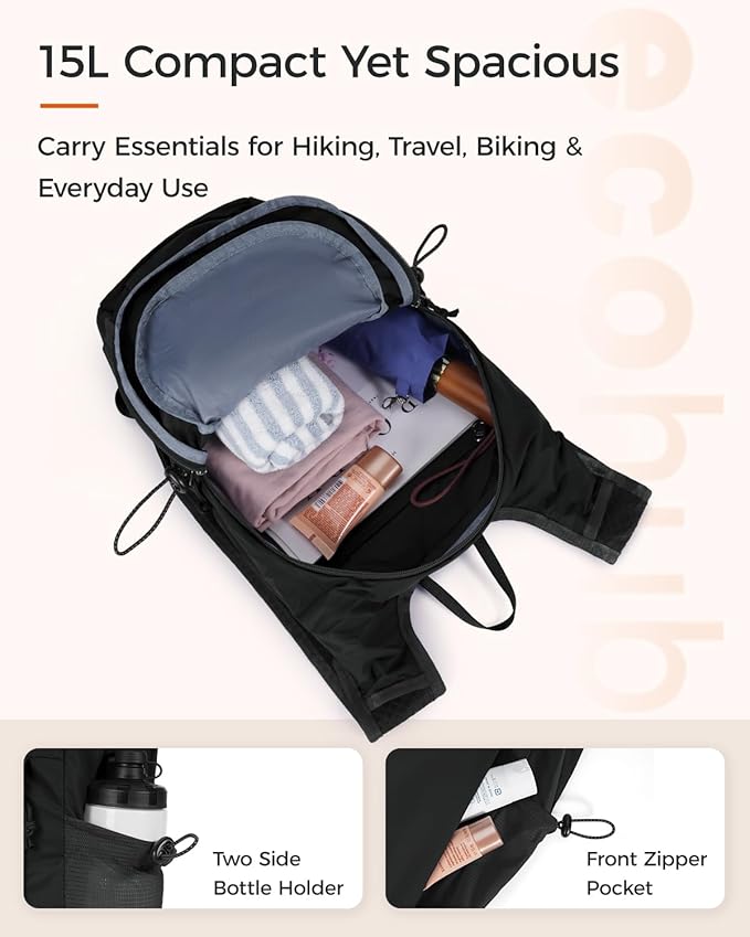 ECOHUB 15L Lightweight Packable Hiking Backpack for Travel, Small Daypack with Chest Strap & Phone Pocket, Water Resistant Foldable Backpack for Men Women