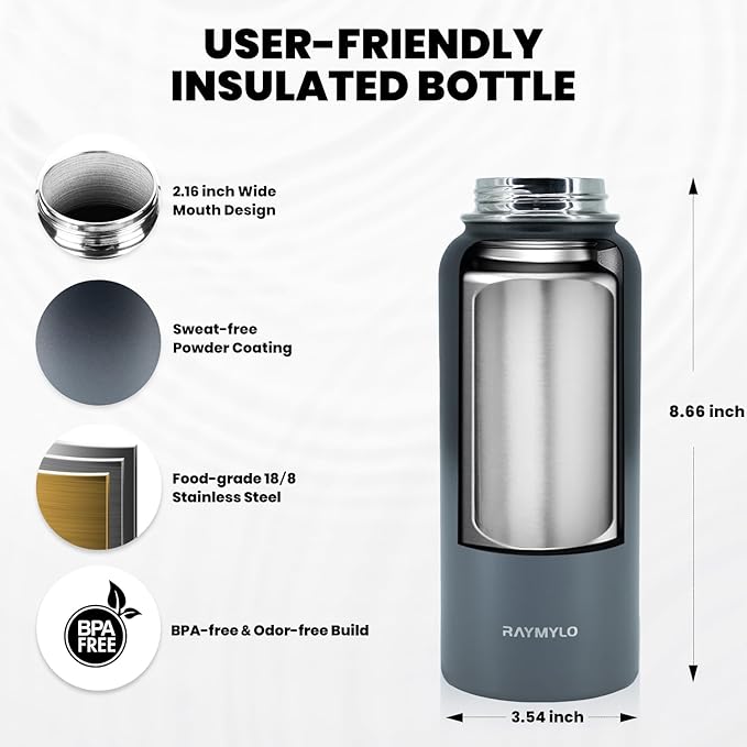 RAYMYLO Insulated Water Bottle 32 oz, Triple Wall Vacuum Stainless Steel (Cold for 24Hrs, Hot for 12Hrs), Leak Proof & Non-BPA, Modern Water Flask Jug with Paracord Handle & Straw Spout Lids
