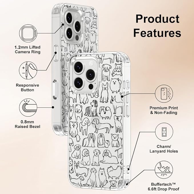 MOSNOVO Case for iPhone 16 Pro Max, [Buffertech 6.6ft Military-Grade Drop Protection] [Anti Peel Off Tech] Clear TPU Bumper Phone Case Cover Design - Doodle Dog