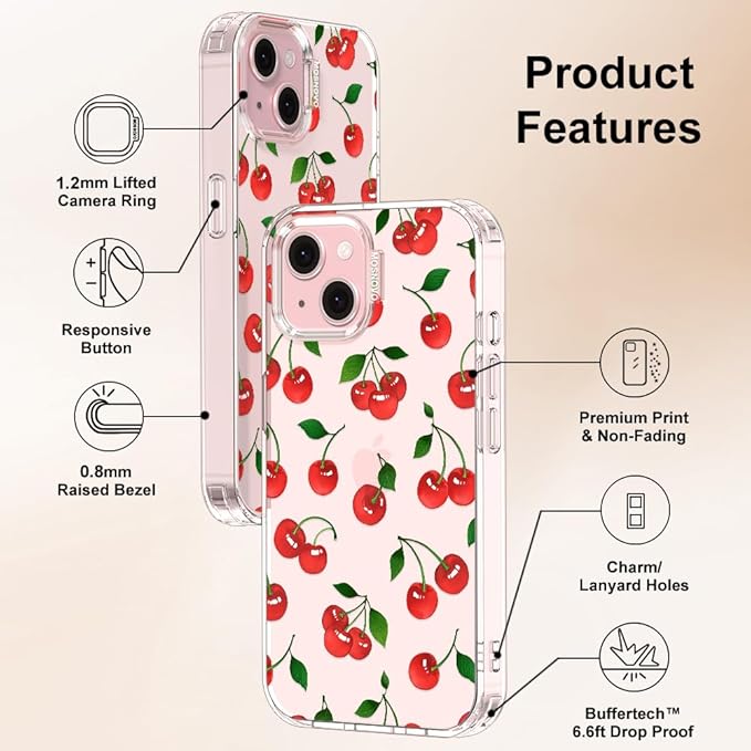 MOSNOVO Case for iPhone 15 Plus/iPhone 14 Plus, [Buffertech 6.6ft Military-Grade Drop Protection] [Anti Peel Off Tech] Clear TPU Bumper Phone Case Cover Design - Cute Cherry